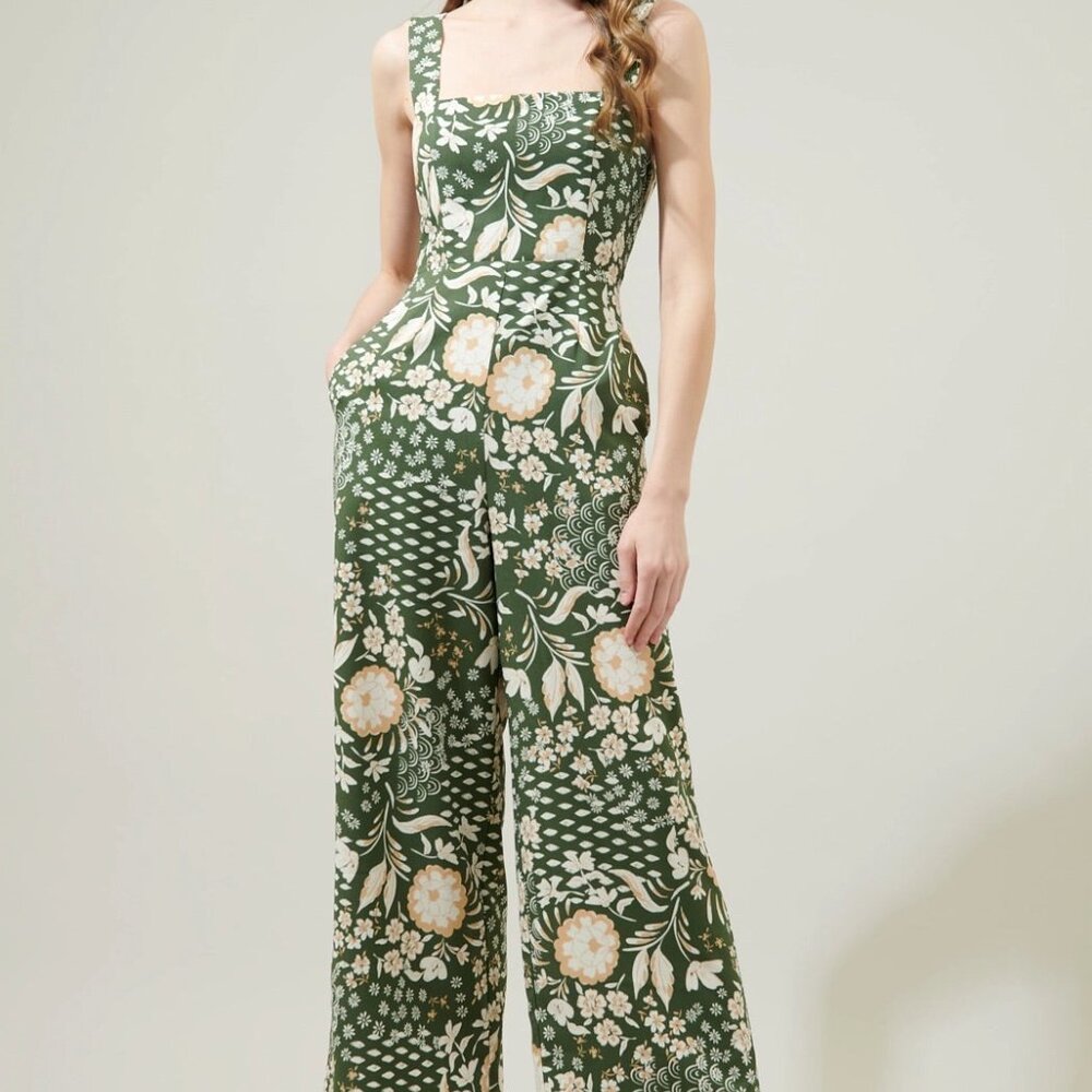Terri Floral Sweet Stuff Wide Leg Jumpsuit - Olive Green